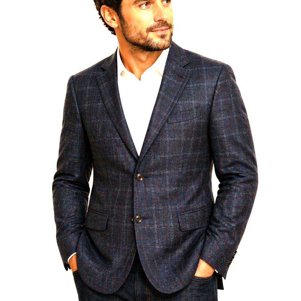 Canali Italian Made Wool Gray Blue & Black Plaid Jacket Blazer Size 48 x 32
